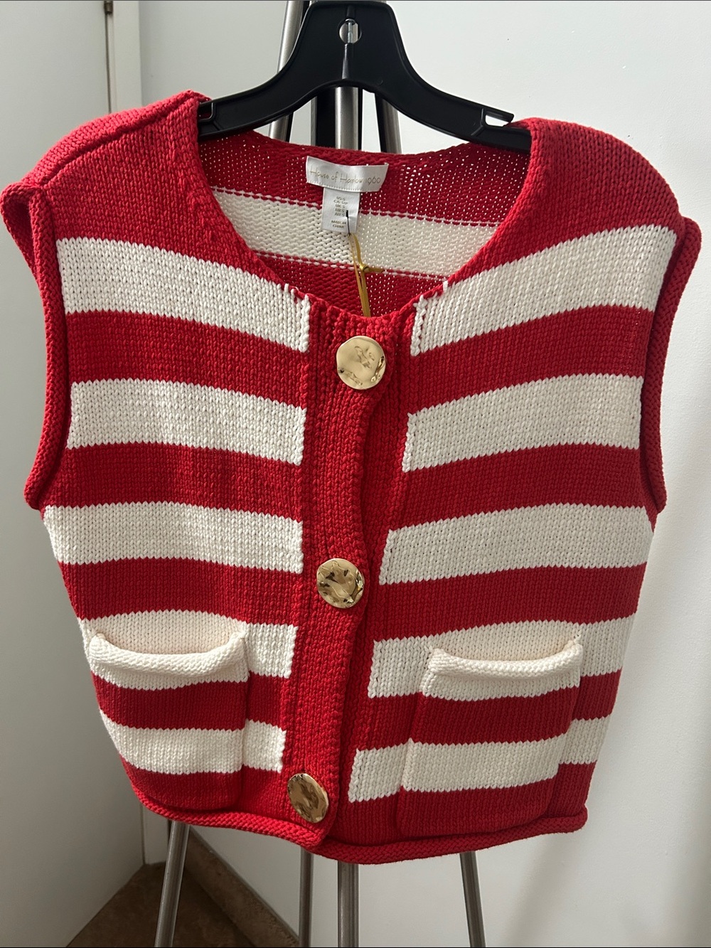 NWT House of Harlow 1960 striped Red & White Knit Vest with Gold Buttons